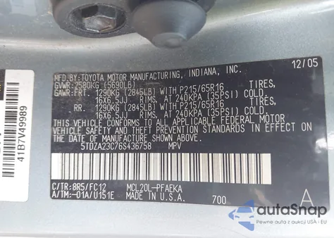 2006 Toyota Sienna Le from USA, damaged, VIN 5TDZA23C76S436758
